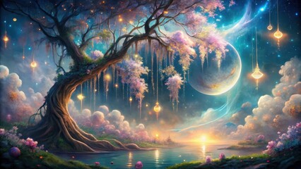 Obraz premium Enchanted Dreamland A Serene Landscape with a Majestic Weeping Tree, Illuminated by Glowing Lights and a Tranquil Lake Underneath a Celestial Sky