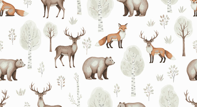 A charming seamless pattern featuring cute watercolor woodland animals like foxes, deer, and bears, set against a backdrop of stylized trees and foliage