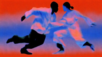 Dancing couple moving with blur motion effect, expressing energy, freedom, and passion in vibrant colors