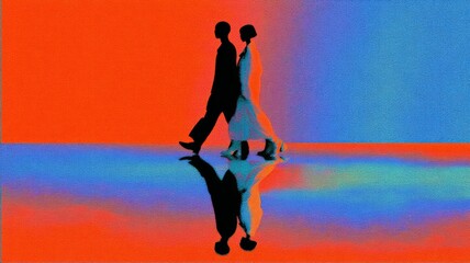 Couple interacting, walking forward creating vibrant reflection, togetherness and connection abstract background
