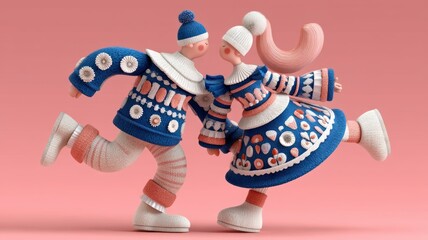 Cute smiling couple in knitted winter clothing enjoying a playful folk dance on a vibrant pink background