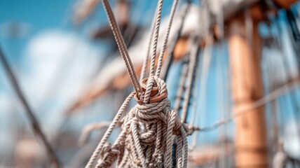 Sailing vessel rope and knot details against a blue sky, yacht maritime rigging securing equipment