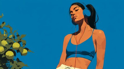 Woman listening to music with headphones, enjoying summer sun and relaxation under a clear blue sky