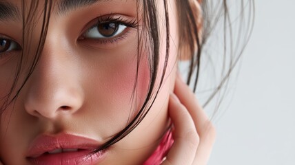 Young woman looking at camera, displaying healthy skin and natural makeup with blush and lip gloss, highlighting freshness