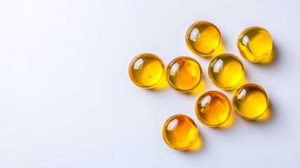 Yellow fish oil capsules for omega 3 and vitamin d, healthy dietary supplements on white background