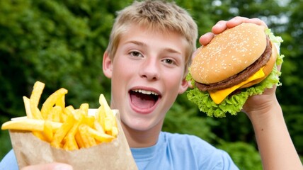 Boy holding fast food meal outdoors, offering hamburger and french fries with a happy expression