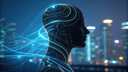 A futuristic silhouette of a human head with glowing lines representing data flow, set against a city skyline at night.