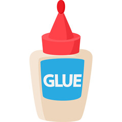 Cartoon Style Glue Bottle with Red Cap and Blue Label Showing the Word Glue on a Transparent Background