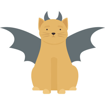 Cartoon Style Golden Cat With Gray Bat Wings And Small Horns Sitting In Front Of A White Background With A Serious Expression