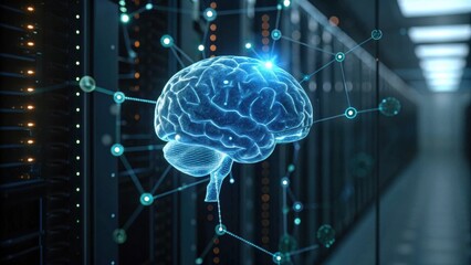 A digital brain hologram amidst a server room, symbolizing artificial intelligence and advanced technology interconnectedness.