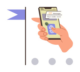 Hand holding smartphone with fingerprint scanning and code verification. Ideal for security, technology, access, privacy, digital solutions, apps, data protection. Simple flat metaphor