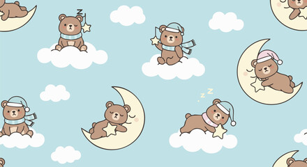 Fototapeta premium Seamless pattern featuring cute cartoon brown bears. They sleep on moon and clouds under a sky