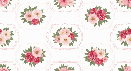 Fototapeta premium Seamless pattern featuring delicate floral bouquets with pink roses and white flowers, set against a clean white background