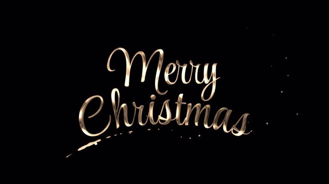 Handwritten alpha channel provides unique golden merry christmas words with sparkles on black background. Suitable for festive holiday designs.