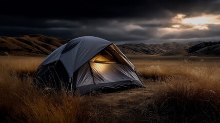 Minimalist Camping Setup Single Tent Open Field Neutral Colors