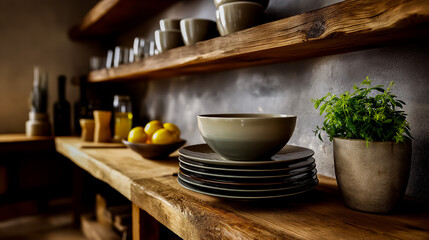 Open Shelving Kitchen Few Plates Cups Neutral Palette