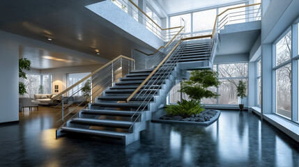 Floating Staircase Open Atrium White Walls Simple Materials