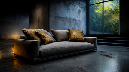 Single Modern Sofa Low Ground Neutral Fabric Concrete Floor