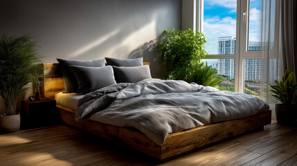 Modern Bedroom Low Bed Plain Bedding One Bedside Table