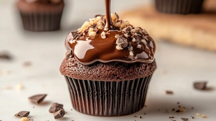 Chocolate cupcake being drizzled with melted chocolate, nuts, and sprinkles on a marble surface; other cupcakes in the background