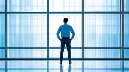Fototapeta premium Businessman Contemplating Future Through Large Office Window