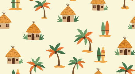 Tropical seamless pattern featuring cute, hand-drawn style huts, palm trees, and surfboards on a light background
