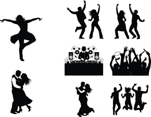 Dance party silhouette, DJ music scene, jumping crowd, dancing couple, concert energy, celebration vector, nightlife illustration, entertainment vibe, festive movement, black artwork