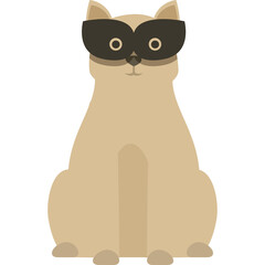 Cartoon Tan Cat Wearing Black Eye Mask Sitting Still Facing Forward With Transparent Background In Minimalist Style