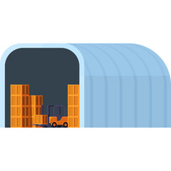 Cartoon Warehouse Interior With Stacked Cardboard Boxes And Forklift Operating Inside A Light Blue Quonset Hut Building With Dark Gray Background and Orange Accents