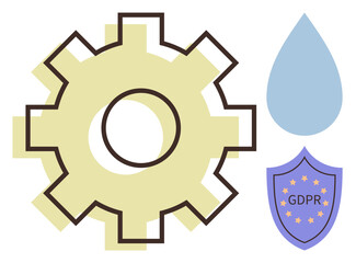 Gear representing operations, GDPR shield emphasizing data security, and water drop symbolizing transparency. Ideal for data security, GDPR compliance, privacy, transparency, IT processes