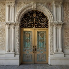 A large, ornate door featuring two gold doors, showcasing intricate designs and craftsmanship.