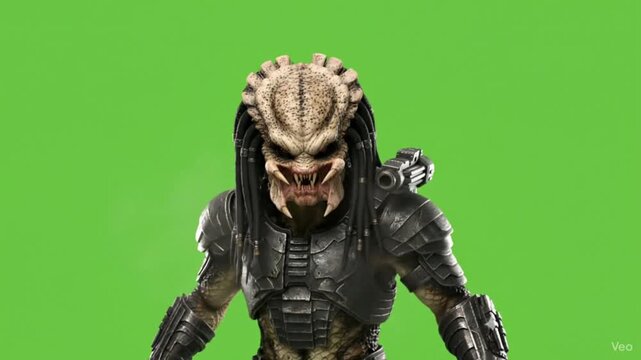 Realistic 3D Yautja alien hunter predator standing isolated on a bright green screen background suitable for chroma key use