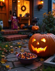 Obraz premium A bowl of candy and a pumpkin on a front porch for halloween trick or treating halloween costumes holiday party horror design custom scary