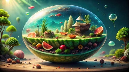 Enchanted Miniature World Inside a Vibrant Fruit Sphere, Featuring Tiny Trees, a Miniature Vessel, and Aquatic Life