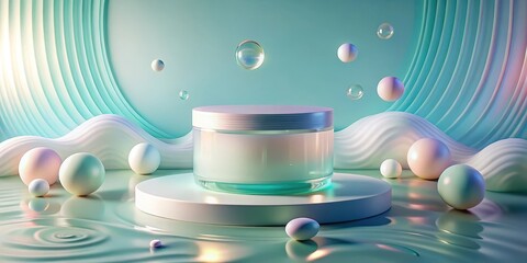 Serene Cosmetic Jar Display on Abstract Platform with Floating Spheres and Soft, Pastel Hues
