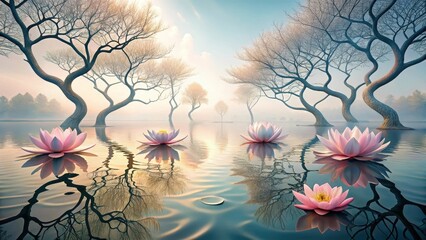 Serene Waterscape Pink Lotus Blossoms Reflecting in Still Water Surrounded by Graceful, Twisted Trees at Dawn