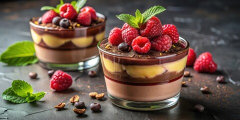 Layered Chocolate Mousse Dessert with Fresh Raspberries and Mint Garnish