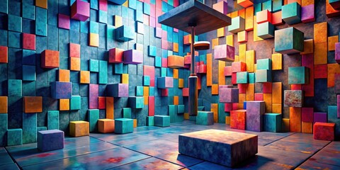 Abstract Colorful Cube Room with Display Platform and Hanging Fixture
