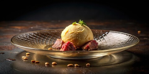 Elegant Dessert Presentation Creamy Scoop of Golden Ice Cream Served with Sweet Fruit Chunks and a Garnish on a Textured Plate