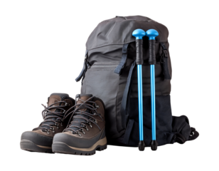 Hiking Essentials: Backpack, Boots, and Blue Trekking Poles Ready for Adventure isolated on a transparent background