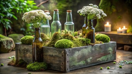 Rustic Wooden Box Arrangement Featuring Moss, Flowers, and Glass Bottles, Creating a Serene and Natural Atmosphere