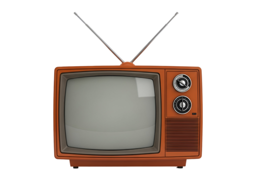 Retro Orange Television with Rabbit Ears Antennas on White Background, Vintage TV Set, 3D Render Illustration of Classic Obsolete Technology and Nostalgic Entertainment