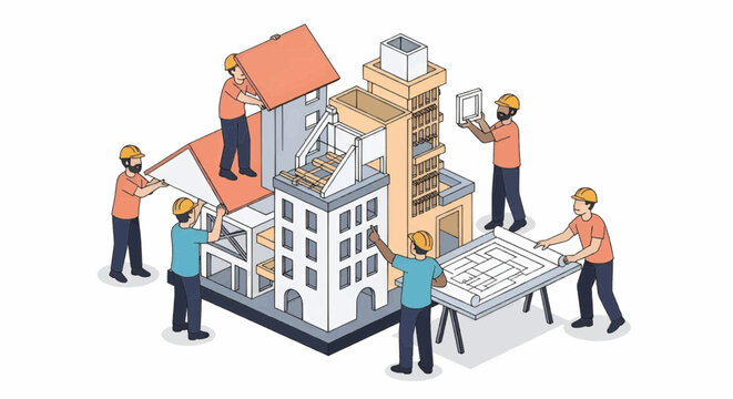 Vector illustration of teamwork assembling a large 3D building model, flat minimal style