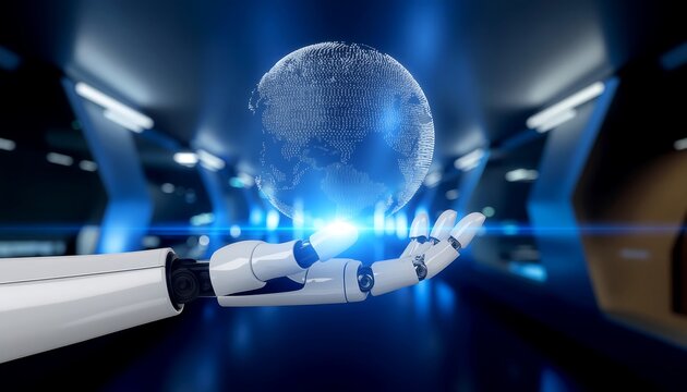 Robot Hand Holding a Digital Globe sphere