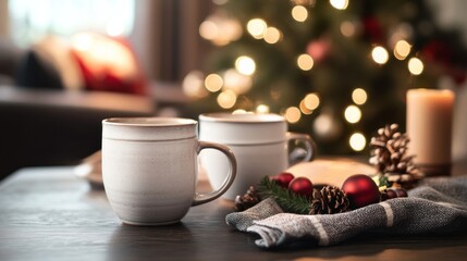 Cozy Christmas mugs on a table with Christmas tree background