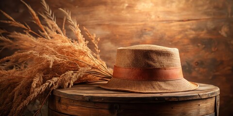Rustic Still Life Featuring a Straw Hat and Dried Pampas Grass on Aged Wooden Surface