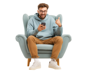Happy Young Man Giving Thumbs Up While Using Smartphone on Armchair isolated on a transparent background
