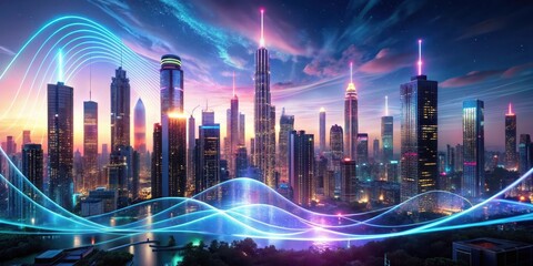 Illuminated Metropolis A Futuristic Skyline Bathed in Vibrant Neon Hues and Dynamic Energy Flows