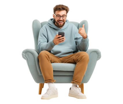 Happy Young Man Giving Thumbs Up While Using Smartphone on Armchair isolated on a transparent background