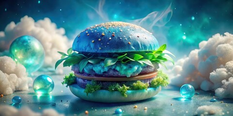 Ethereal Blue Burger in a Dreamlike Setting with Glowing Spheres and Soft Clouds
